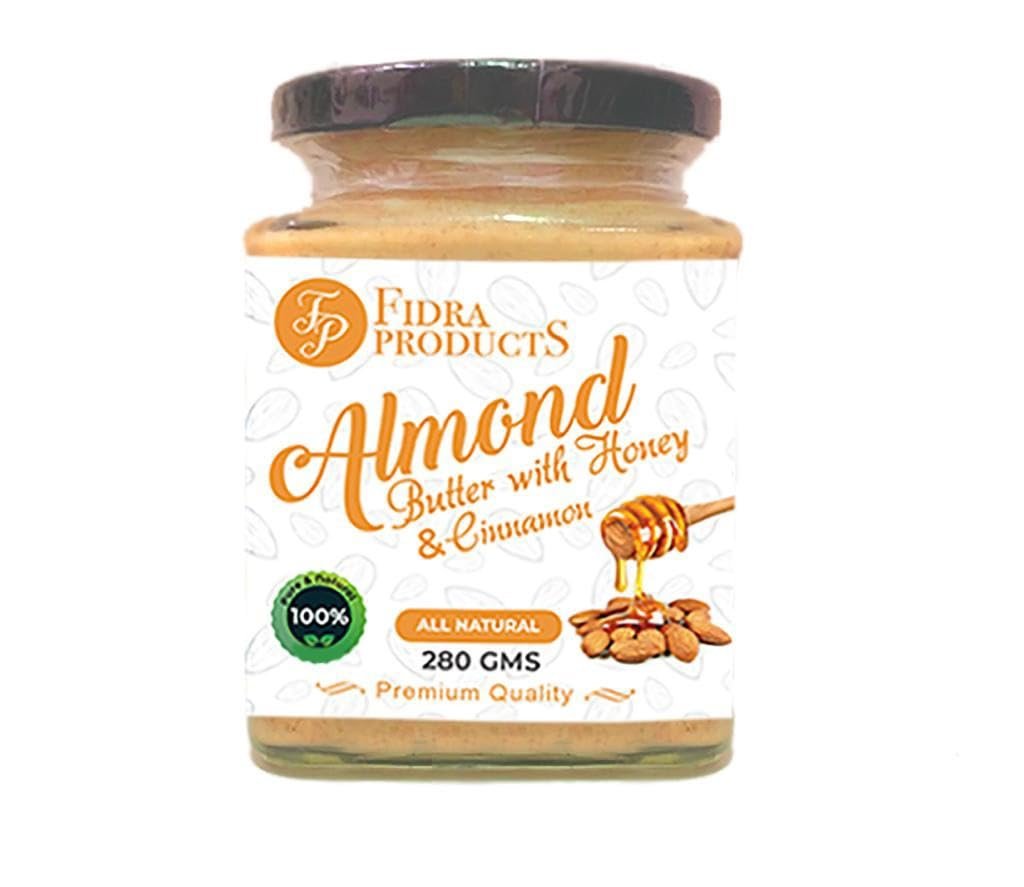 Fidra Products Creamy Almond Butter with Honey & Cinnamon | 25% Protein | Plant-Based Nutrition | 100% Almonds | Zero Additives | Vegan | Dairy Free | 100% Natural (280gm)