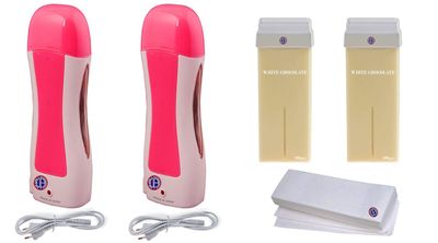 Ear Lobe & Accessories Depilatory Wax Heater (2pcs) + Roll-on Hot Depilatory Wax White Chocolate Cartridge (2pcs) +Waxing Strips (10pcs)