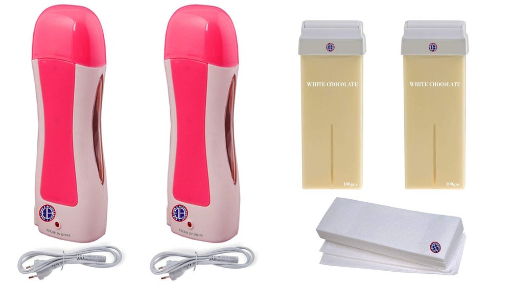 Ear Lobe & Accessories Depilatory Wax Heater (2pcs) + Roll-on Hot Depilatory Wax White Chocolate Cartridge (2pcs) +Waxing Strips (10pcs)
