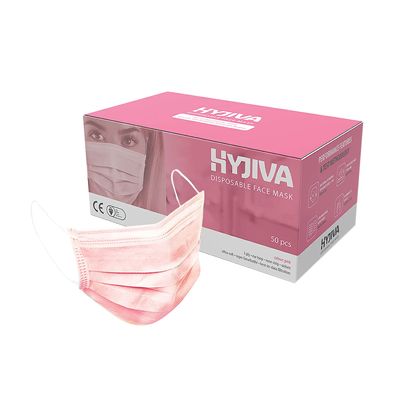 Hyjiva Polypropylene Disposable Face Mask - 3-Ply, Ear Loop, Nose Strip, Unisex, Ultra-Soft, Super-Breathable (Pack Of 50, Pink)