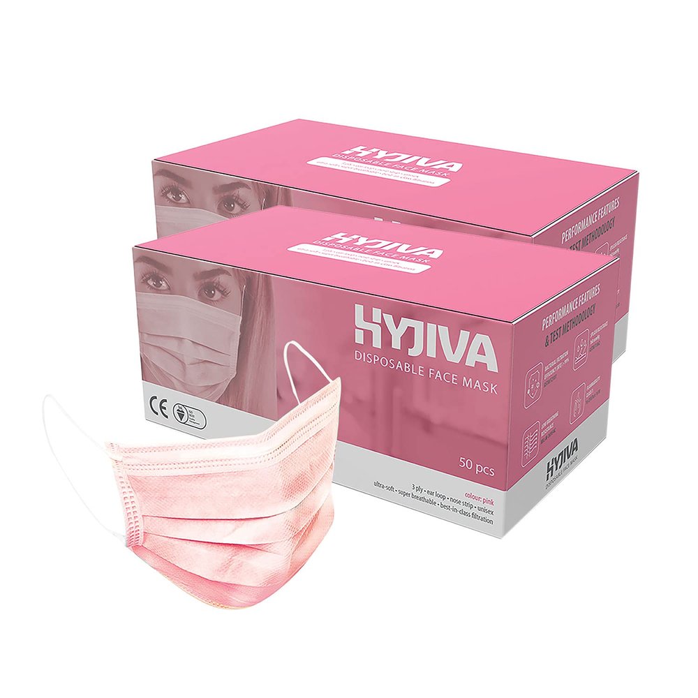 Hyjiva Disposable Face Mask - 3-ply, Ear Loop, Nose Strip, Unisex, Ultra-soft, Super-breathable (Pack of 100, Pink)