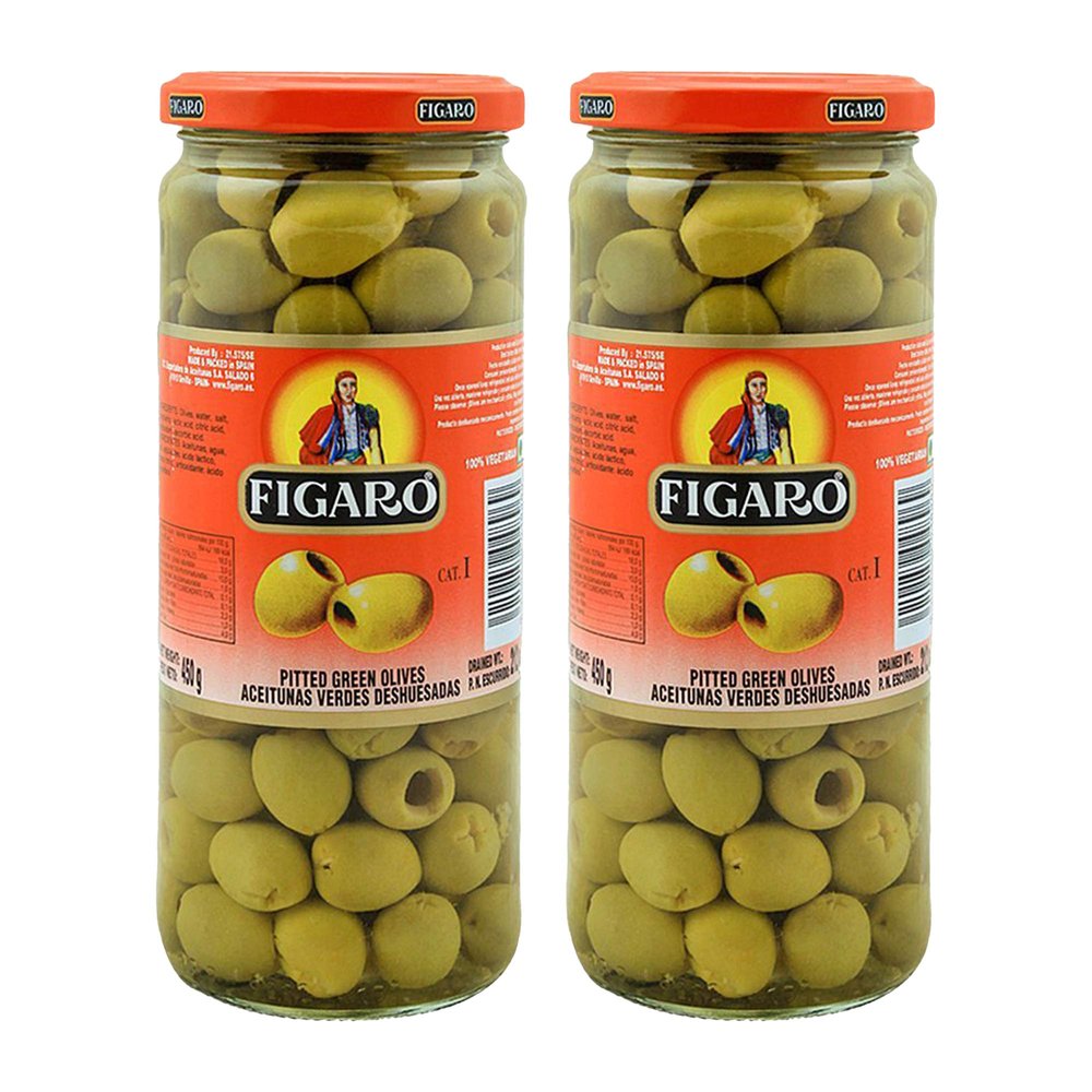 Figaro Pitted Green Olives, 15.87 oz  450 g, 2 Pack