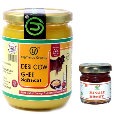 Yugmantra Organic Foods 100% Pure Natural A2 Milk Sahiwal Cow's Grass-Fed Desi Ghee Prepared Curd by Traditional Bilona Padati - in Glass Bottle (500 Ml + 55 GMS Free Honey)