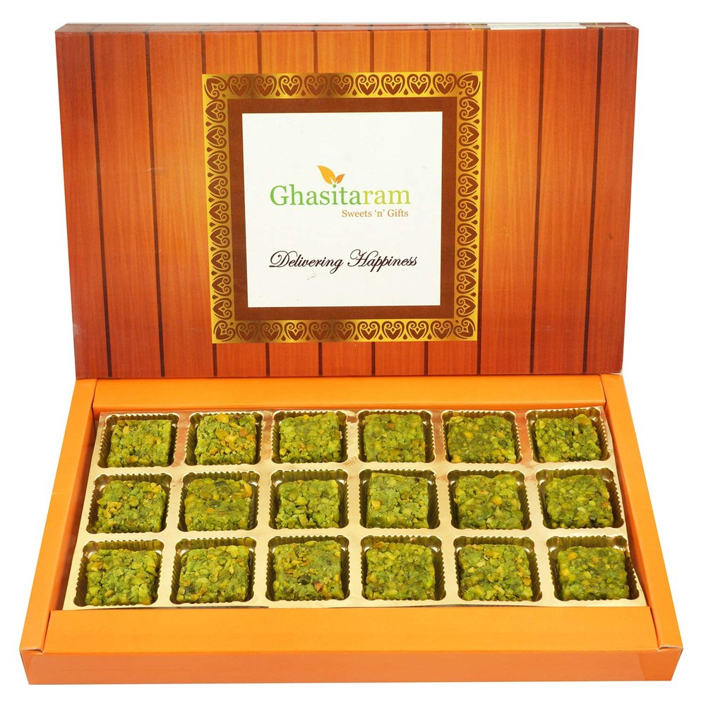 Ghasitaram Gifts Diwali Gifts - Pure Pista Barfi 18 pcs |Sweets|Sweets Gift Pack|Diwali Sweets|Indian Mithai|Diwali Sweets Gift Box