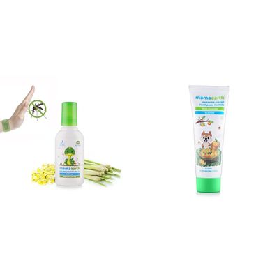 Mamaearth Anti Mosquito Fabric Roll On 8ml. DEET Free. Protects from Dengue, Malaria & Chikungunya & Natural Toothpaste, Orange Flavour, SLS Free, with 750 PPM Fluoride, 4+ Years, Plant Based