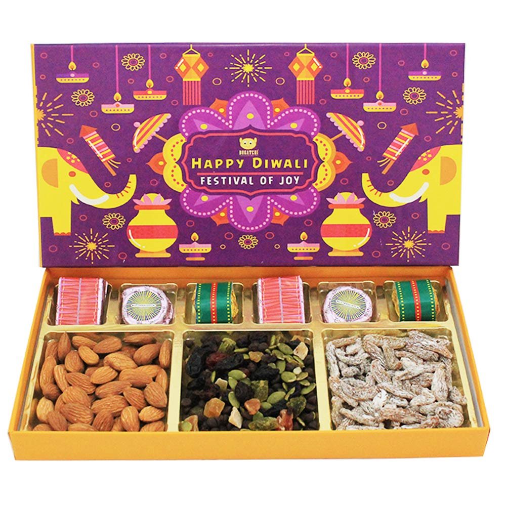 BOGATCHI Diwali Dry Fruits Gift Hampers with Diwali Chocolate Crackers , Paan Raisins and Roastd Almonds, Fruit Mix, 250g