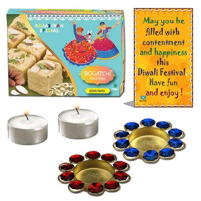 BOGATCHI Diwali Sweets Gift Box, Soan Papdi, 200g, Free 2 Designer Diya with Tea Light