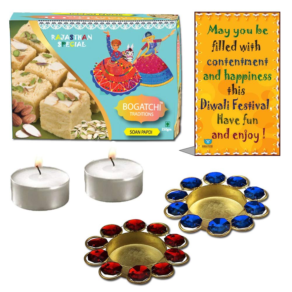 BOGATCHI Diwali Sweets Gift Box, Soan Papdi, 200g, Free 2 Designer Diya with Tea Light