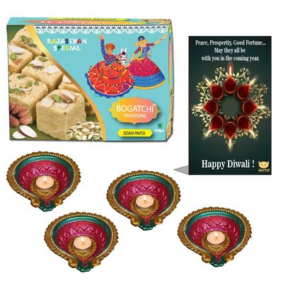 BOGATCHI Diwali Sweets Gift Box, Soan Papdi, 200g, Free 4 Designer Diya with Card