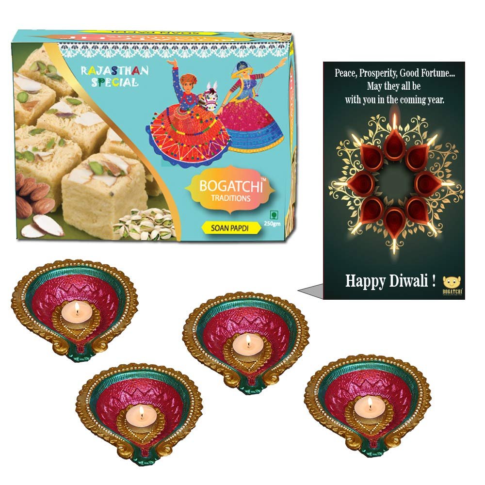 BOGATCHI Diwali Sweets Gift Box, Soan Papdi, 200g, Free 4 Designer Diya with Card