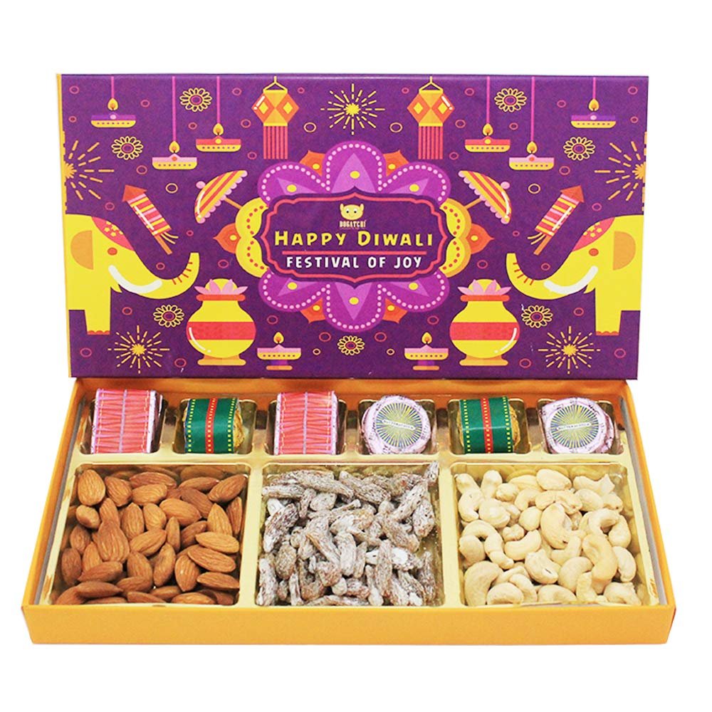 BOGATCHI Diwali Dry Fruits Gift Hampers with Diwali Chocolate Crackers , Cashews, Roastd Almonds, Paan Raisins, 250g