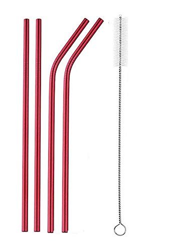 Ash & Roh - Reusable Stainless Steel Drinking Straws,8.5 Inches (2 Bend & 2 Straight Straws, 1 Cleaning Brush) (RED)