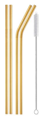 Ash & Roh - Reusable Stainless Steel Drinking Straws,8.5 Inches (2 Bend & 2 Straight Straws, 1 Cleaning Brush) (GOLD)