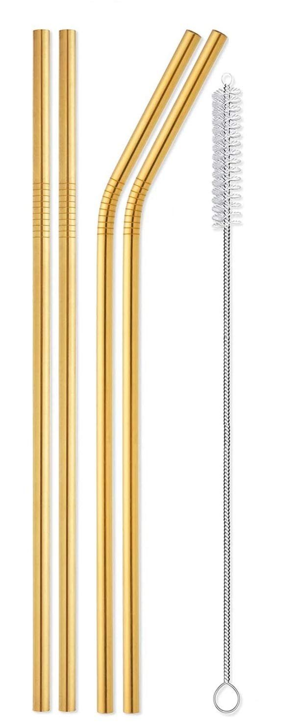 Ash & Roh - Reusable Stainless Steel Drinking Straws,8.5 Inches (2 Bend & 2 Straight Straws, 1 Cleaning Brush) (GOLD)