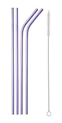 Ash & Roh - Reusable Stainless Steel Drinking Straws,8.5 Inches (2 Bend & 2 Straight Straws, 1 Cleaning Brush) (PURPLE)