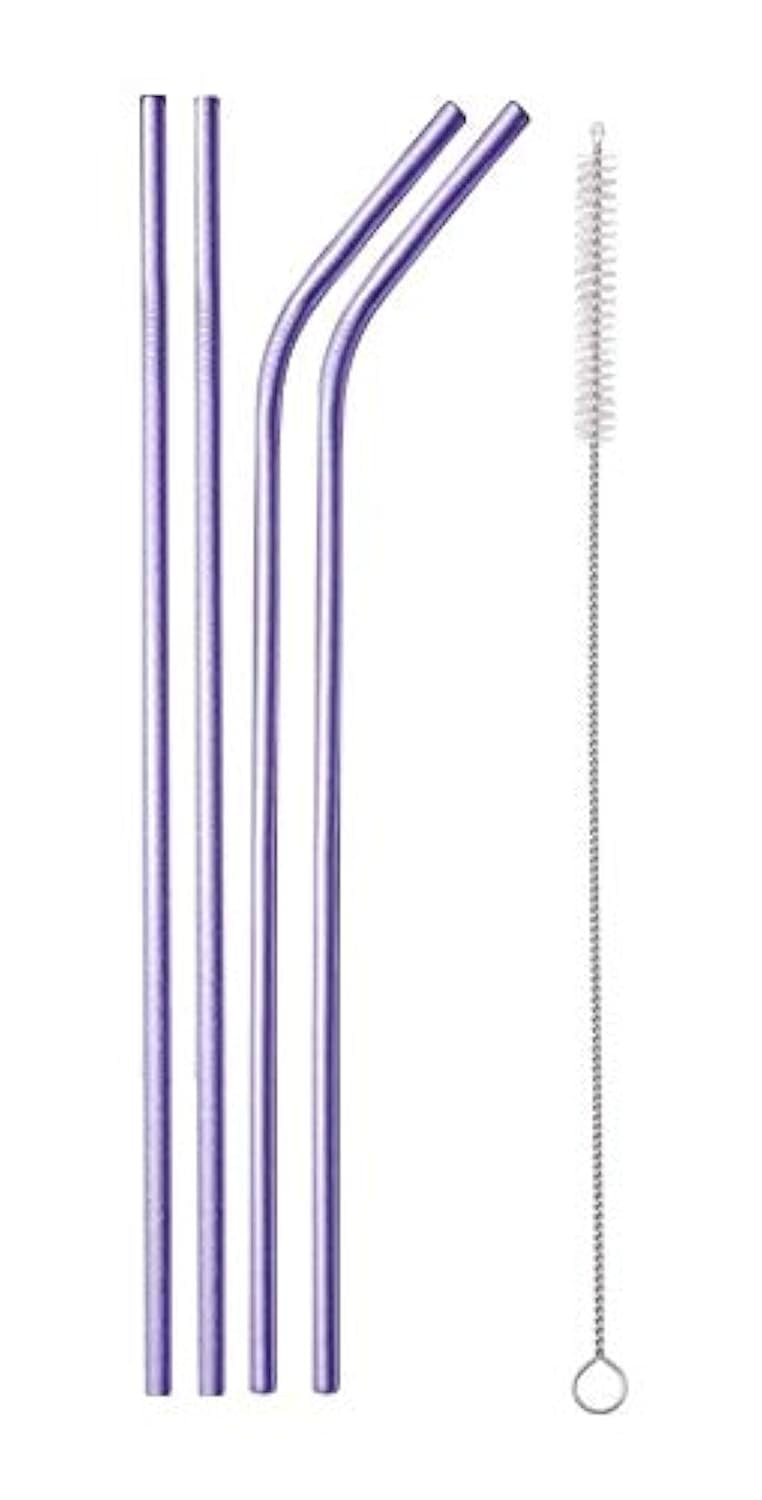 Ash & Roh - Reusable Stainless Steel Drinking Straws,8.5 Inches (2 Bend & 2 Straight Straws, 1 Cleaning Brush) (PURPLE)