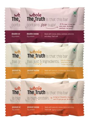 The Whole Truth - Protein Bars | Peanut Heavy (2 Double Cocoa Bars, 2 Peanut Cocoa, 2 Peanut Butter Bars) | Pack of 6 x 52g each | Sugarfree | No Preservatives | No Gluten or Soy | All Natural