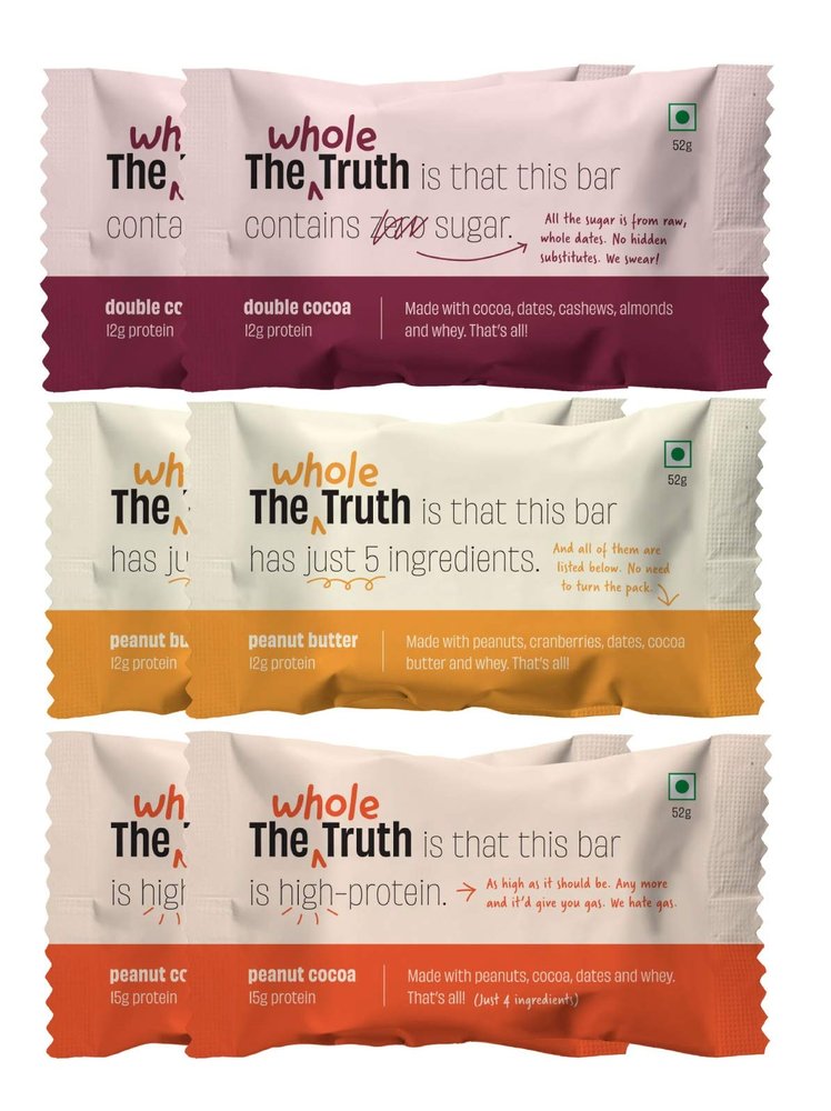 The Whole Truth - Protein Bars | Peanut Heavy (2 Double Cocoa Bars, 2 Peanut Cocoa, 2 Peanut Butter Bars) | Pack of 6 x 52g each | Sugarfree | No Preservatives | No Gluten or Soy | All Natural