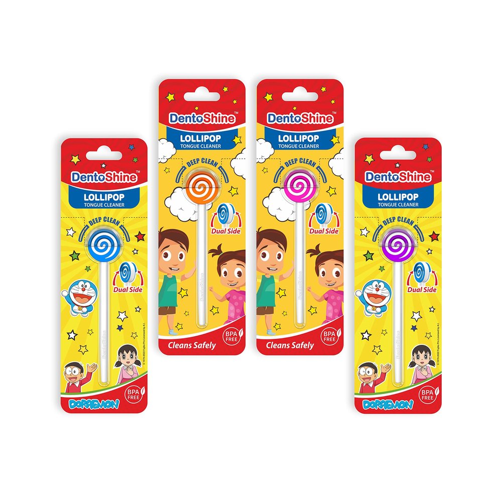 DentoShine Lollipop Tongue Cleaner for Kids (Pink, Blue, Orange & Purple, Pack of 4)