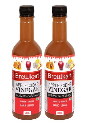 Brewkart Apple Cider Vinegar with Ginger, Garlic, Lemon & Honey Pack of 2 (500ml Each) | Raw, Unfiltered & Natural Blend