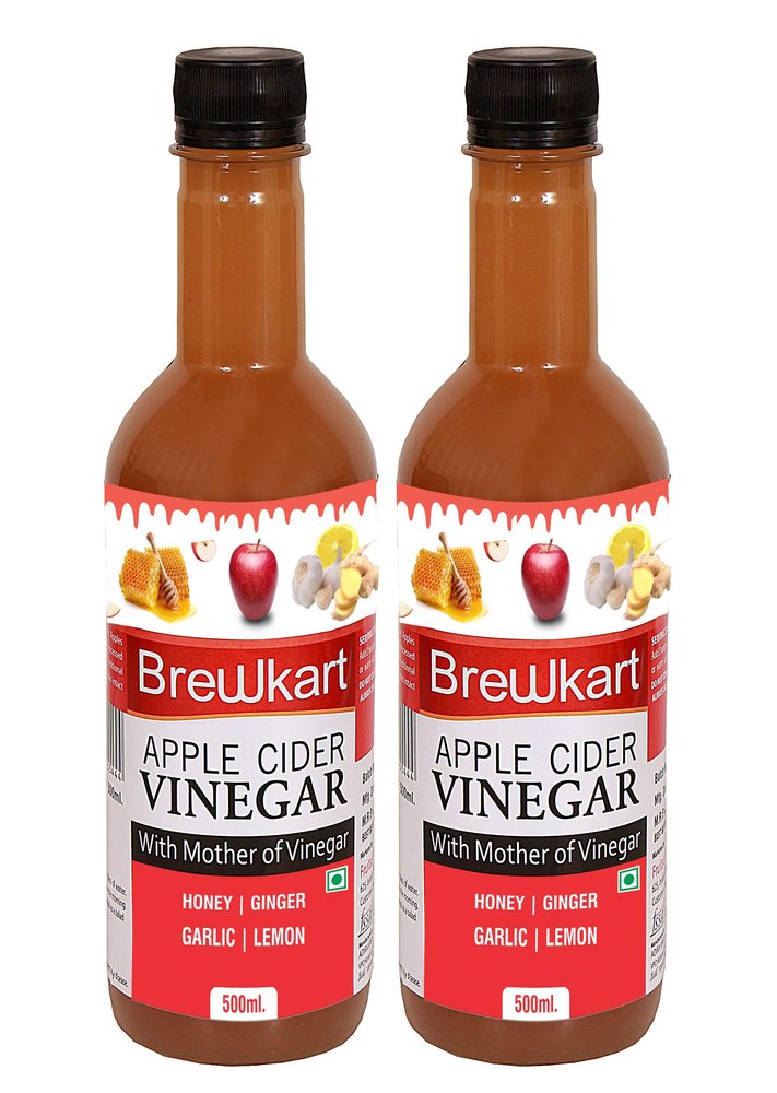 Brewkart Apple Cider Vinegar with Ginger, Garlic, Lemon & Honey Pack of 2 (500ml Each) | Raw, Unfiltered & Natural Blend