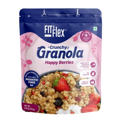 Fit & Flex Baked Crunchy Happy Berries Granola | Oat Rich Cereal With High Protein And Fibre | Ready To Eat Healthy Granola For Breakfast | As Seen on Shark Tank India | 275 g
