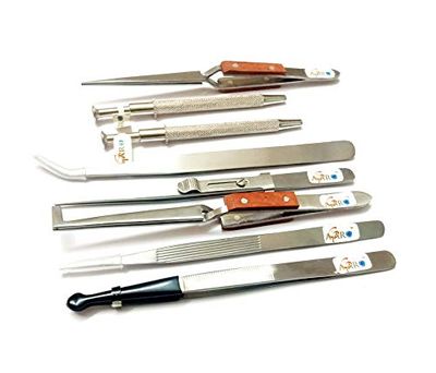 ATAR SET 8 TWEEZERS INCLUDING 4 NON-FIBER GRIP TWEEZERS, 2 PRONGS & 2 FIBER GRIP CROSSLOCK TWEEZERS WITH CASE