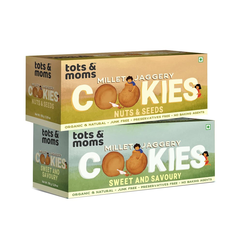 Tots & Moms NO Maida NO Sugar - Nuts & Seeds Cookies |Sweet & Savory Cookies | Millet & Jaggery Biscuits | Pack of 2-150g Each