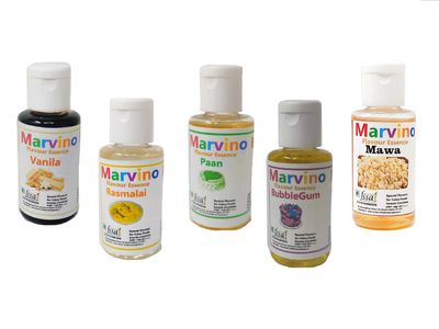Marvino 5 Flavors Essence Extract Set for Flavoring Cakes Fondant whipcreams Pastries Chocolates and Sweets Rasmalai , Paan, Rose, Mawa ,Vanilla, Bubble-Gum, (Best5)