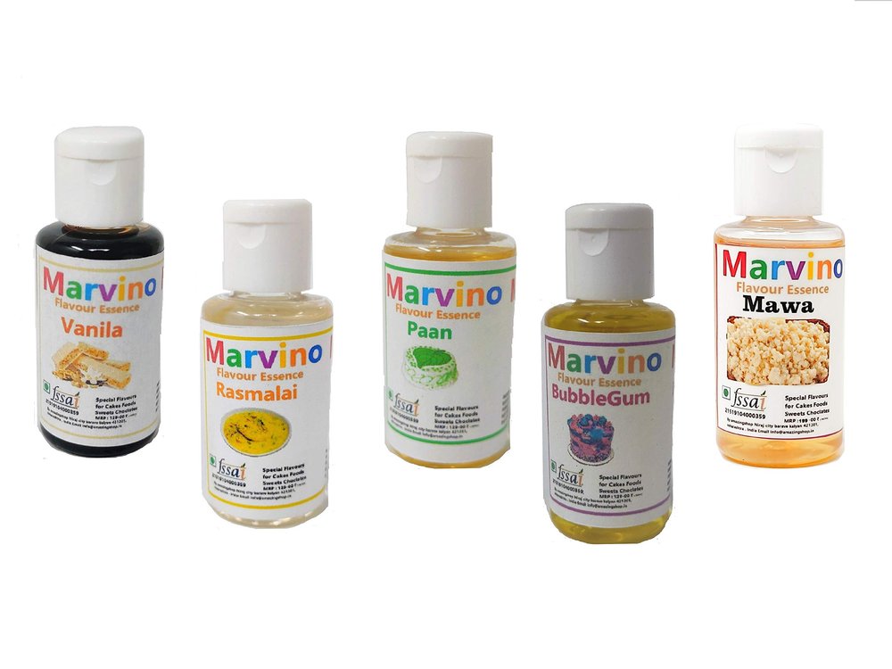 Marvino 5 Flavors Essence Extract Set for Flavoring Cakes Fondant whipcreams Pastries Chocolates and Sweets Rasmalai , Paan, Rose, Mawa ,Vanilla, Bubble-Gum, (Best5)