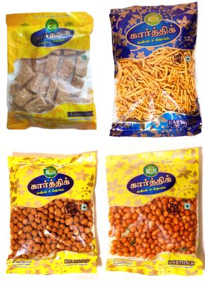 K.S Karthik - Kovilpatti Ko Ko Mittai 200gm (Crushed Groundnut chikki), Kara Sev 250gm, Masala Kadalai 200 Gm, Ennai Kadalai (Fried Peanuts) 200gm - (850gm)