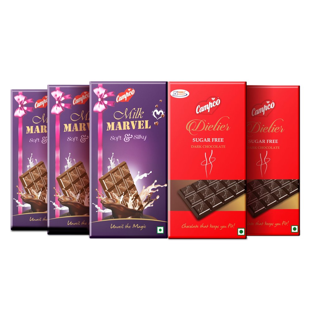 Delicious Combo Pack: Campco Marvel Soft and Silky Milk Chocolate Bar [3 Packs] + Dietier Sugar-Free and Healthy Dark Chocolate Bar [2 Packs]