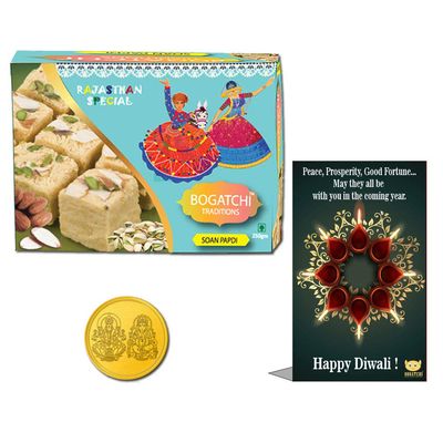 BOGATCHI Diwali Sweets Box, Cultural Indian Sweet - Soan Papdi, 200g + Free Gold Plated Coin with Laxmi-Ganesh and Yantra Engraved, Free Diwali Greeting Card