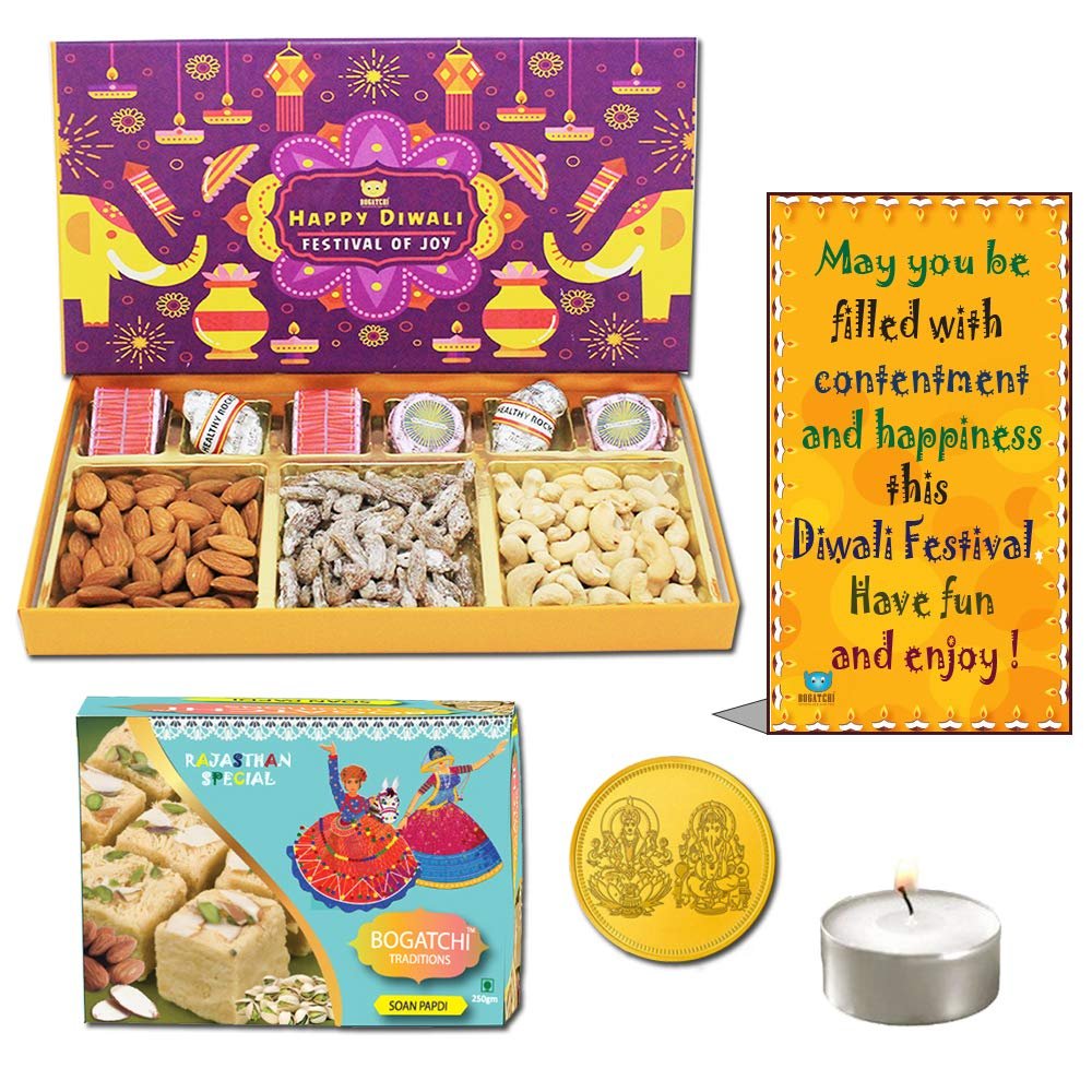 BOGATCHI Diwali Gift Pack, Diwali Chocolate, Diwali Sweets and Diwali Dry Fruits Combo, 470g + Free Real Gold Plated Coin , Free Diwali Greeting Card