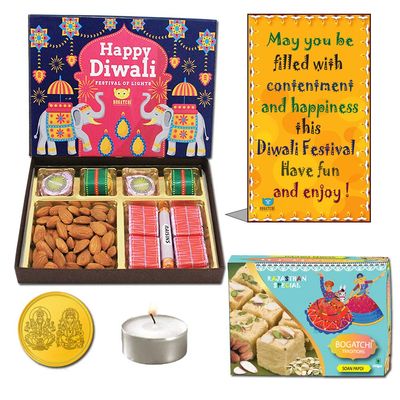 BOGATCHI Diwali Gift Box, Diwali Chocolate, Diwali Sweets s and Diwali Dry Fruits Combo, 460g + Free Gold Plated Coin with Laxmi-Ganesh and Shri Yantra Engraved, Free Diwali Greeting Card