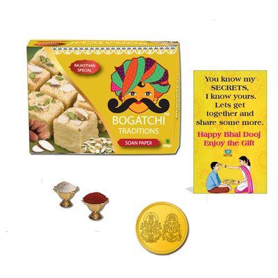 BOGATCHI Bhai Dooj Sweets Box, Traditional Indian Sweet - Soan Papdi, 200g + Free Gold Plated Coin with Laxmi-Ganesh and Yantra Engraved, Free Bhai Dooj Greeting Card