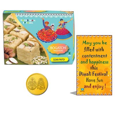 BOGATCHI Diwali Sweets Box, Cultural Indian Sweet - Soan Papdi, 400g + Free Gold Plated Coin with Laxmi-Ganesh and Yantra Engraved, Free Diwali Greeting Card