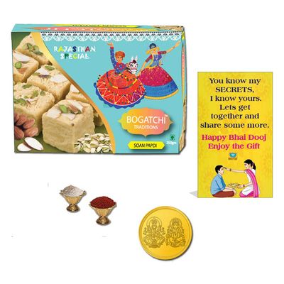 BOGATCHI Bhai Dooj Sweets Box, Cultural Indian Sweet - Soan Papdi, 200g + Free Gold Plated Coin with Laxmi-Ganesh and Yantra Engraved, Free Bhai Dooj Greeting Card