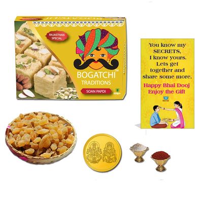 BOGATCHI Bhai Dooj Sweets Box, Traditional Indian Sweet - Soan Papdi Dry Fruit Combo, 350g + Free Gold Plated Coin with Laxmi-Ganesh and Yantra Engraved, Free Bhai Dooj Greeting Card