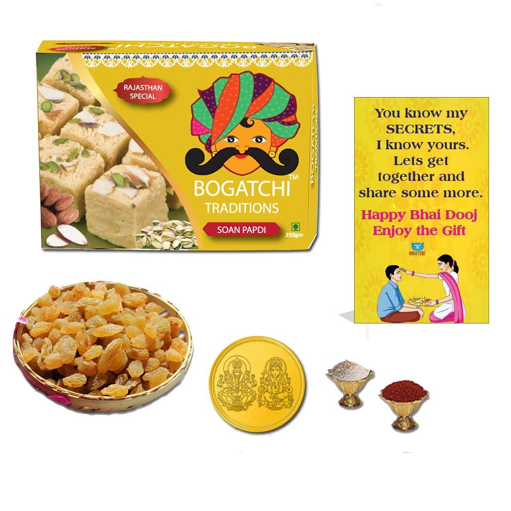 BOGATCHI Bhai Dooj Sweets Box, Traditional Indian Sweet - Soan Papdi Dry Fruit Combo, 350g + Free Gold Plated Coin with Laxmi-Ganesh and Yantra Engraved, Free Bhai Dooj Greeting Card