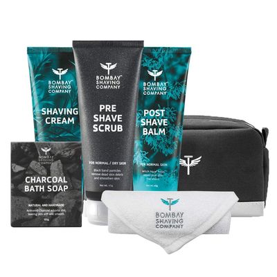 Bombay Shaving Company Premium Shaving Kit For Men | Charcoal Face Scrub, Charcoal Shaving Cream, Post Shave Balm, Neem & Charcoal Bath Soap, Face Towel | Travel Bag | Shaving Kit | Travel Kit For Men