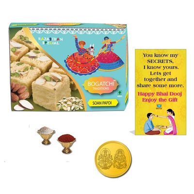 BOGATCHI Bhai Dooj Sweets Box, Cultural Indian Sweet - Soan Papdi, 400g + Free Gold Plated Coin with Laxmi-Ganesh and Yantra Engraved, Free Bhai Dooj Greeting Card