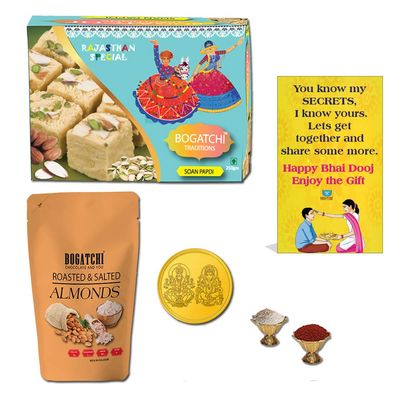 BOGATCHI Bhai Dooj Combo Box, Bhai dooj Salted Almonds and Sweets 350g + Free Gold Plated Coin with Laxmi-Ganesh and Yantra Engraved, Free Bhai Dooj Greeting Card