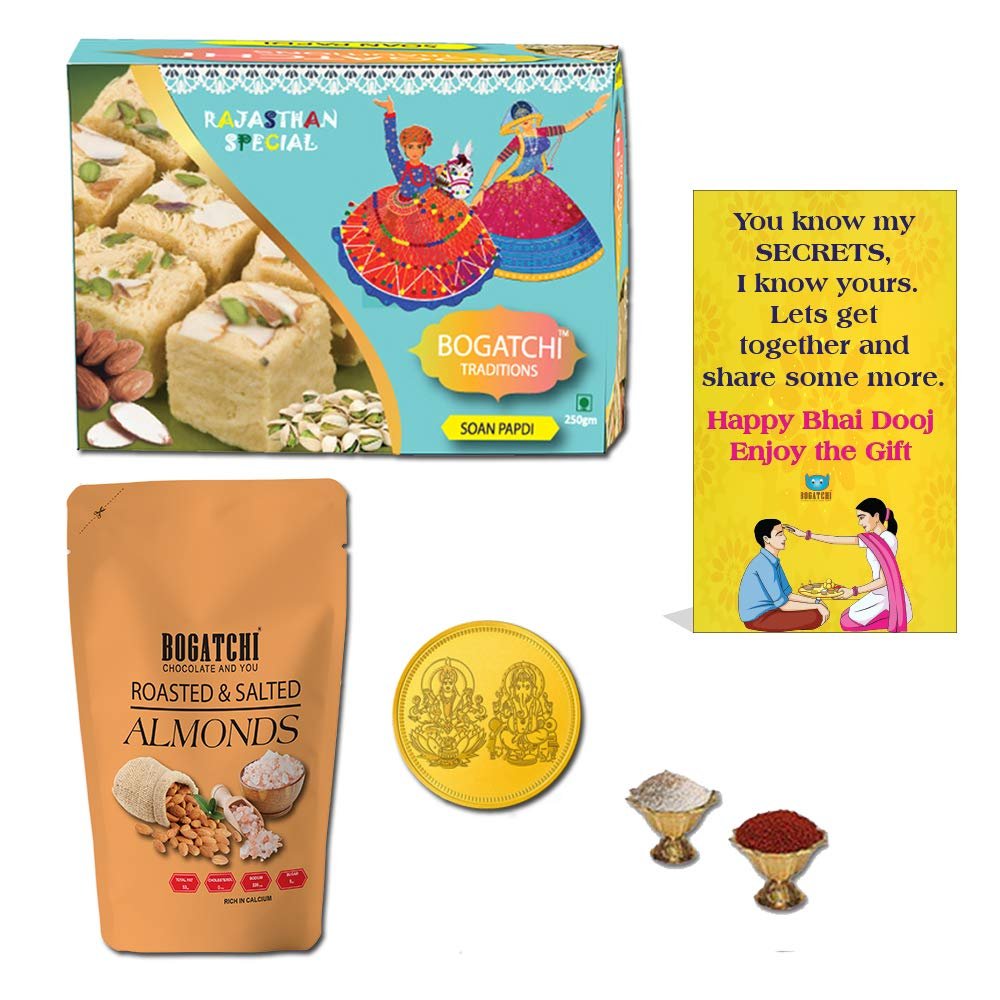 BOGATCHI Bhai Dooj Combo Box, Bhai dooj Salted Almonds and Sweets 350g + Free Gold Plated Coin with Laxmi-Ganesh and Yantra Engraved, Free Bhai Dooj Greeting Card