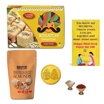 BOGATCHI Bhai Dooj Sweets Box, Bhai dooj Salted Almonds and Sweets 350g + Free Gold Plated Coin with Laxmi-Ganesh and Yantra Engraved, Free Bhai Dooj Greeting Card
