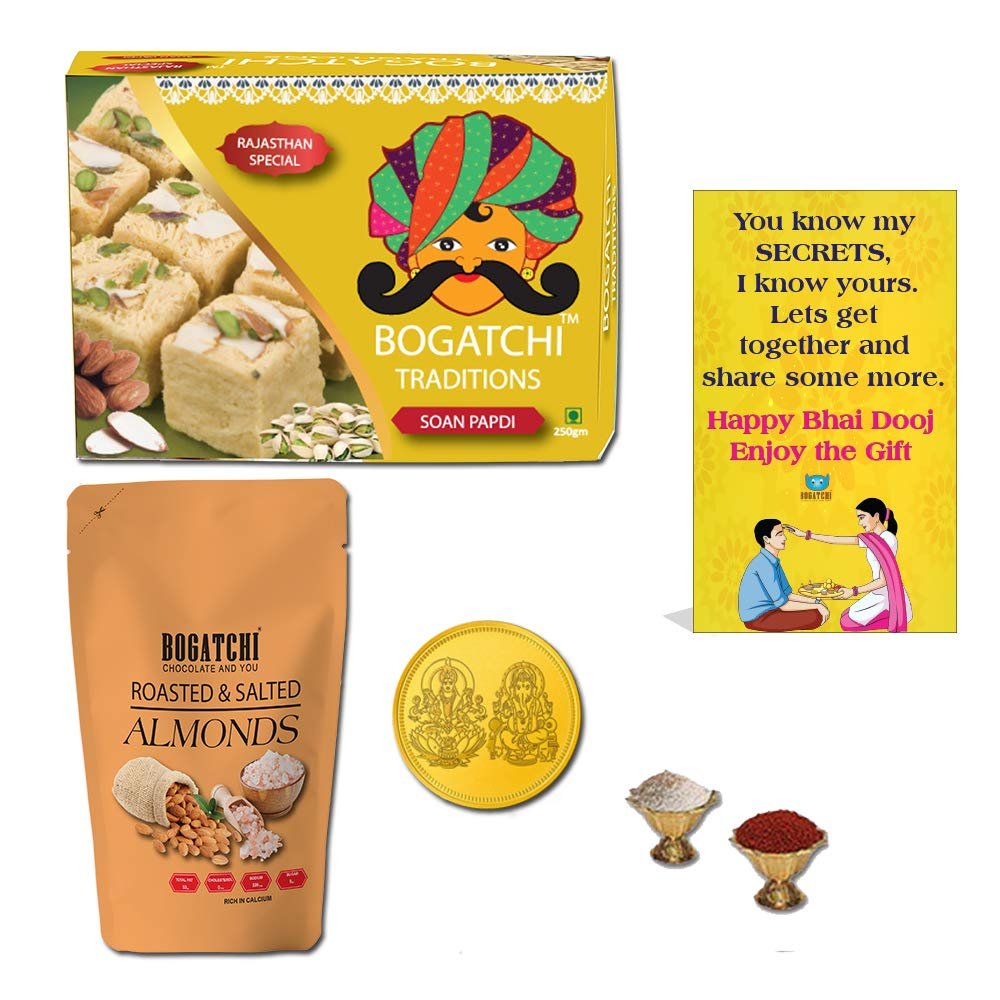 BOGATCHI Bhai Dooj Sweets Box, Bhai dooj Salted Almonds and Sweets 350g + Free Gold Plated Coin with Laxmi-Ganesh and Yantra Engraved, Free Bhai Dooj Greeting Card