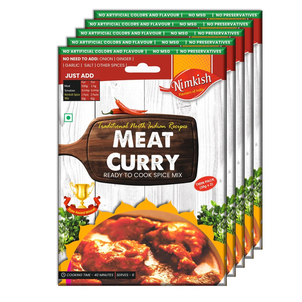 Nimkish Meat Curry Masala Pack of 5 | Ready to Cook Spice Mix 60g Each | Authentic Flavourful Meat Curry Premix | Easy Instant Masala for Rich Aromatic Gravies at Home