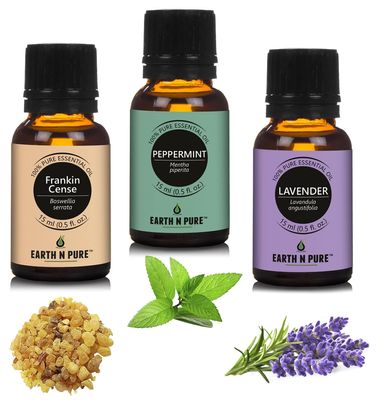 Earth N Pure (Frankincense,peppermint & Lavender) Essential Oils | Pack Of 3 (15 ml each) | 100% Pure, Undiluted, Natural And Therapeutic Grade - Perfect for Aromatherapy, Skin Therapy & More