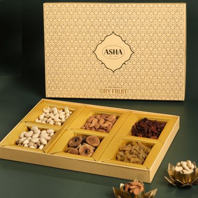 ASHA Sweets Premium Dry Fruits Gift Box 600g | Healthy Gift Hamper with Cashew, Almond, Pistachios, Raisins, Anjeer and canberry | Assortment of Nuts and Dry Fruits | Corporate and Holi Gift Hamper