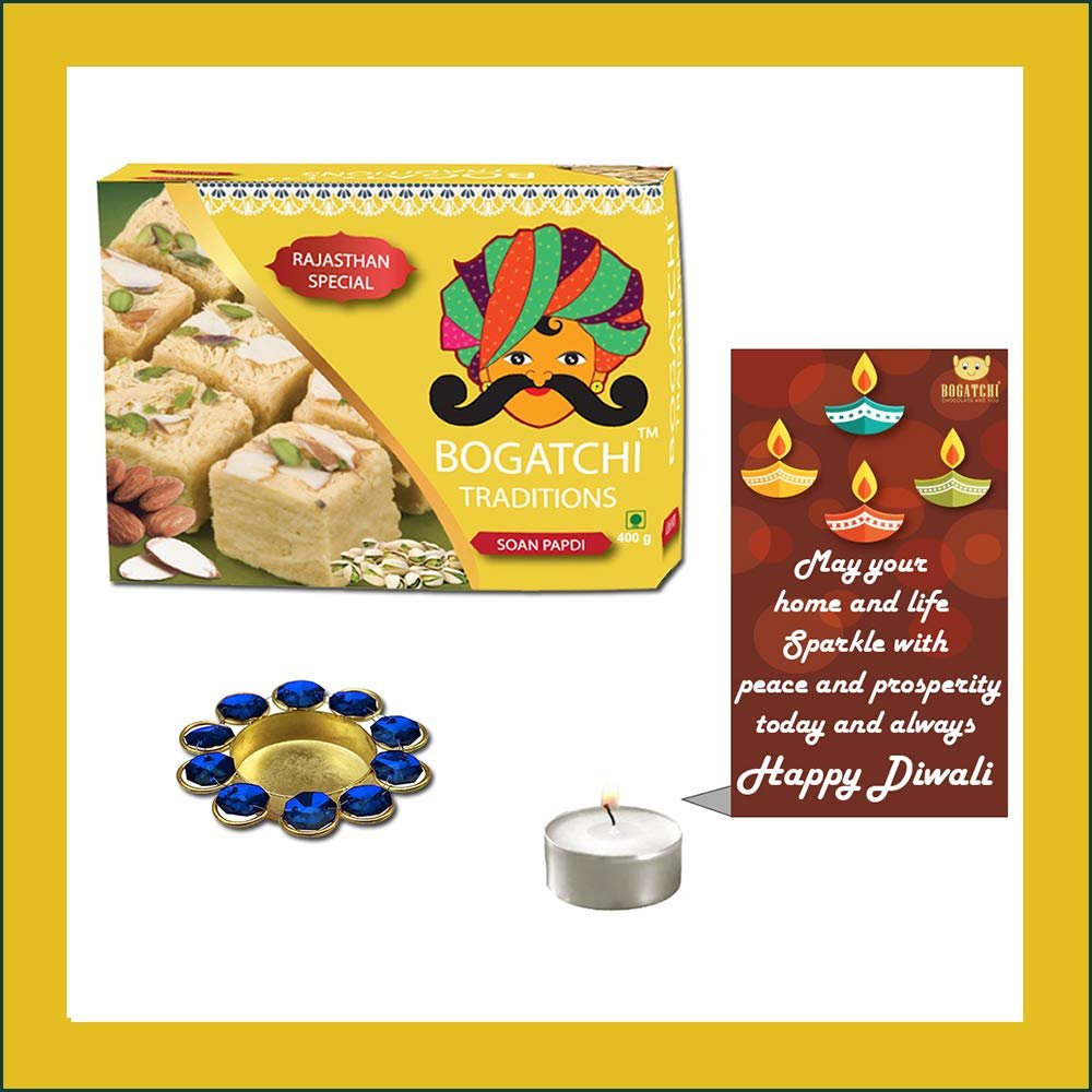 BOGATCHI Diwali Sweets Gift Box and Sweets Hamper, 400g , Free Diwali Greetings Card and Stone Designer Diya